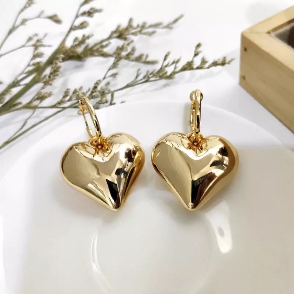 Gold & Silver Color Solid Heart Pendant Hoop Dangle Earrings - Picture 4 of 9